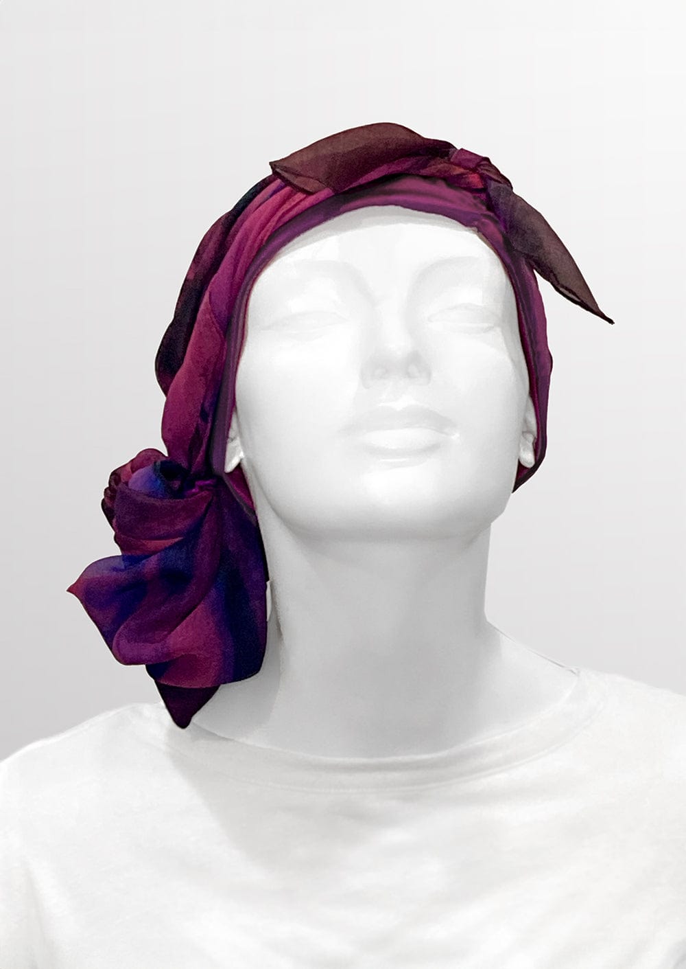 Fashionable medically accessible adaptive clothing head scarf, perfect gift for those experiencing hair loss from cancer treatments. Silk and custom artwork printed on Chiffon in a berry color