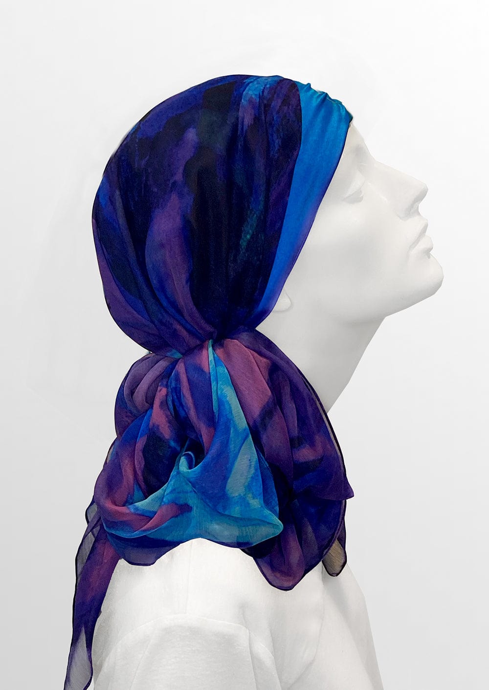 bright blue and purple silk & chiffon headscarf on mannequin