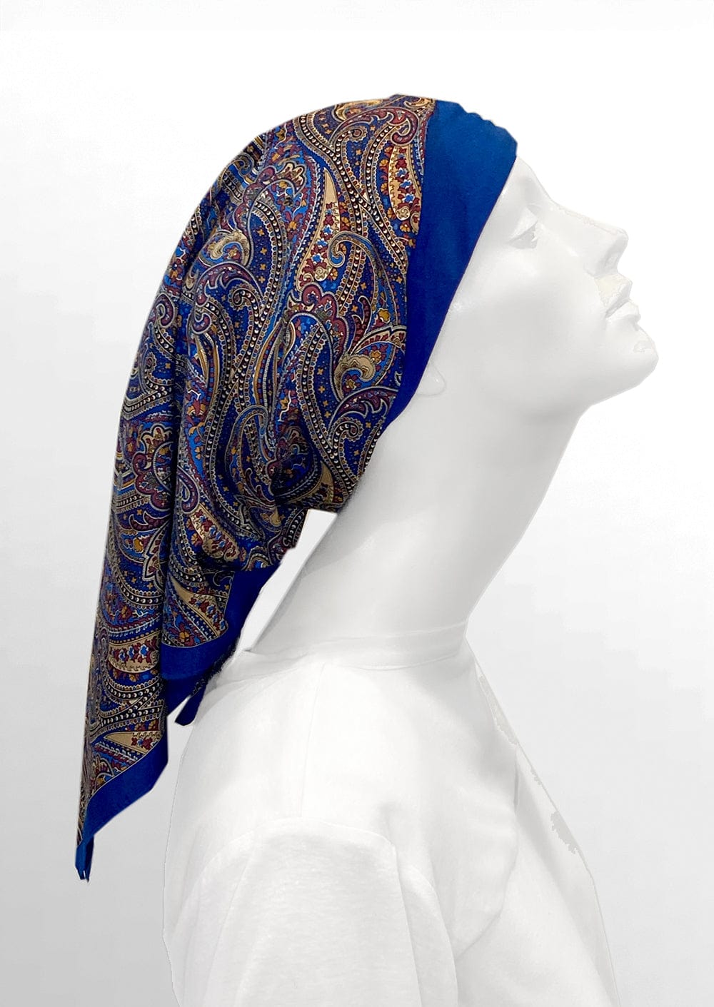side view head covering for cancer patients
headscarf for hair loss, golden and blue with paisley