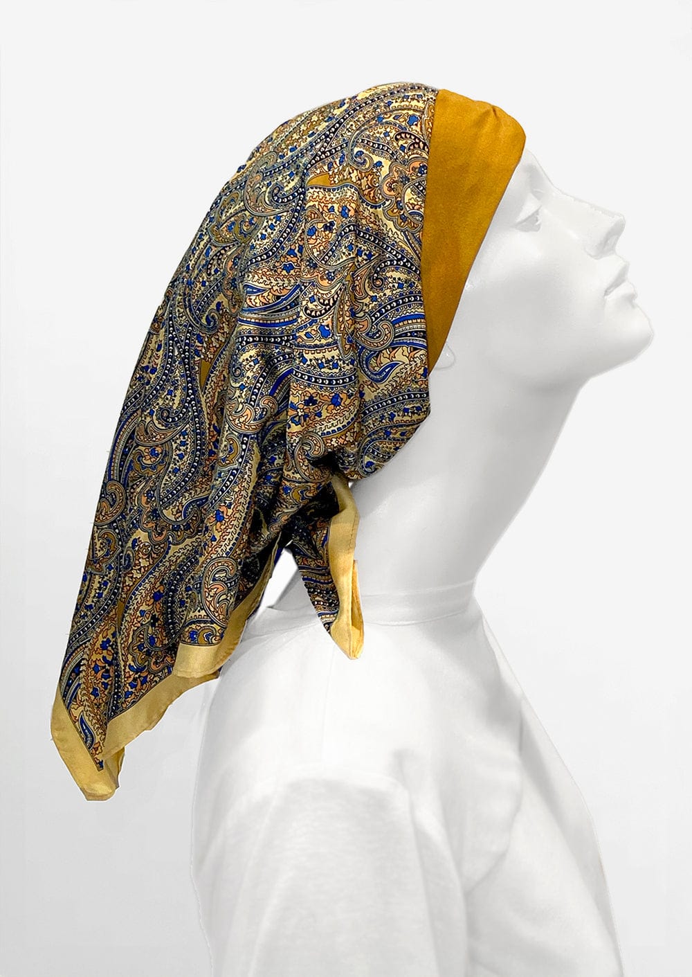 side view head covering for cancer patients 
headscarf for hair loss, golden and blue with paisley