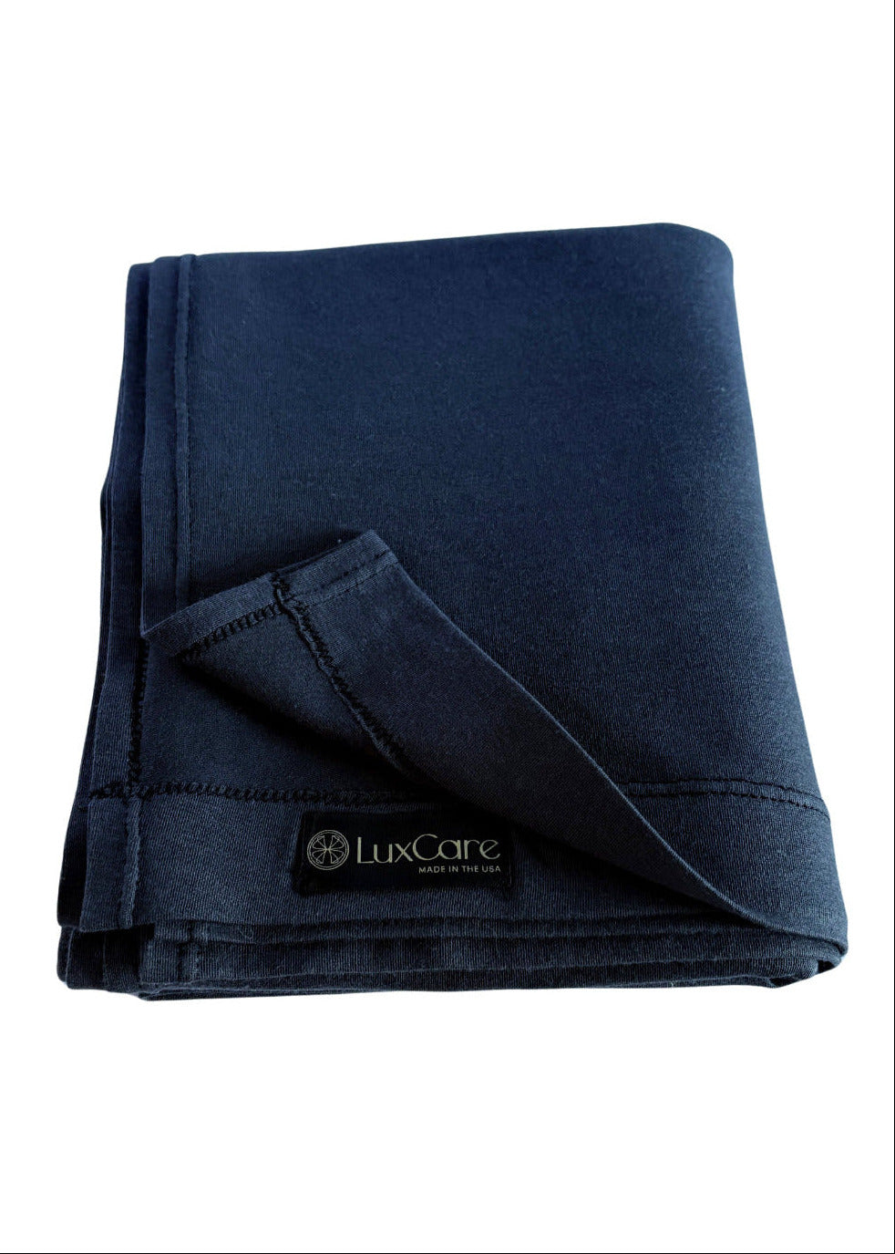 Folded gray shawl with LuxCare logo on a white background