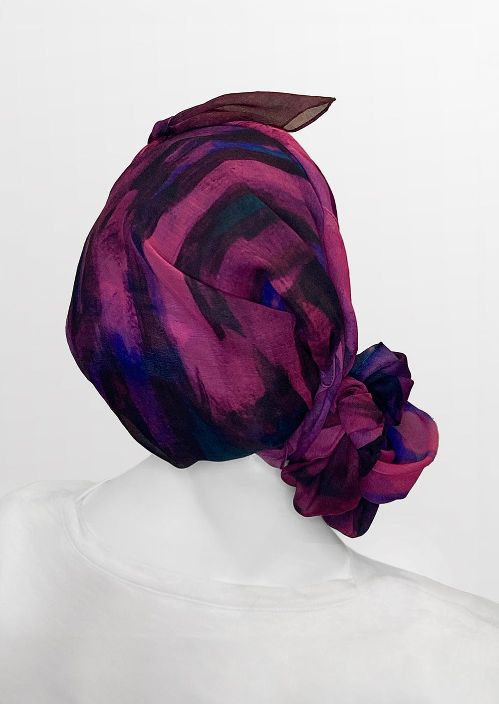 Fashionable  medically accessible adaptive clothing head scarf, perfect gift for those experiencing hair loss from cancer treatments. Silk and custom artwork printed on Chiffon in a berry color 