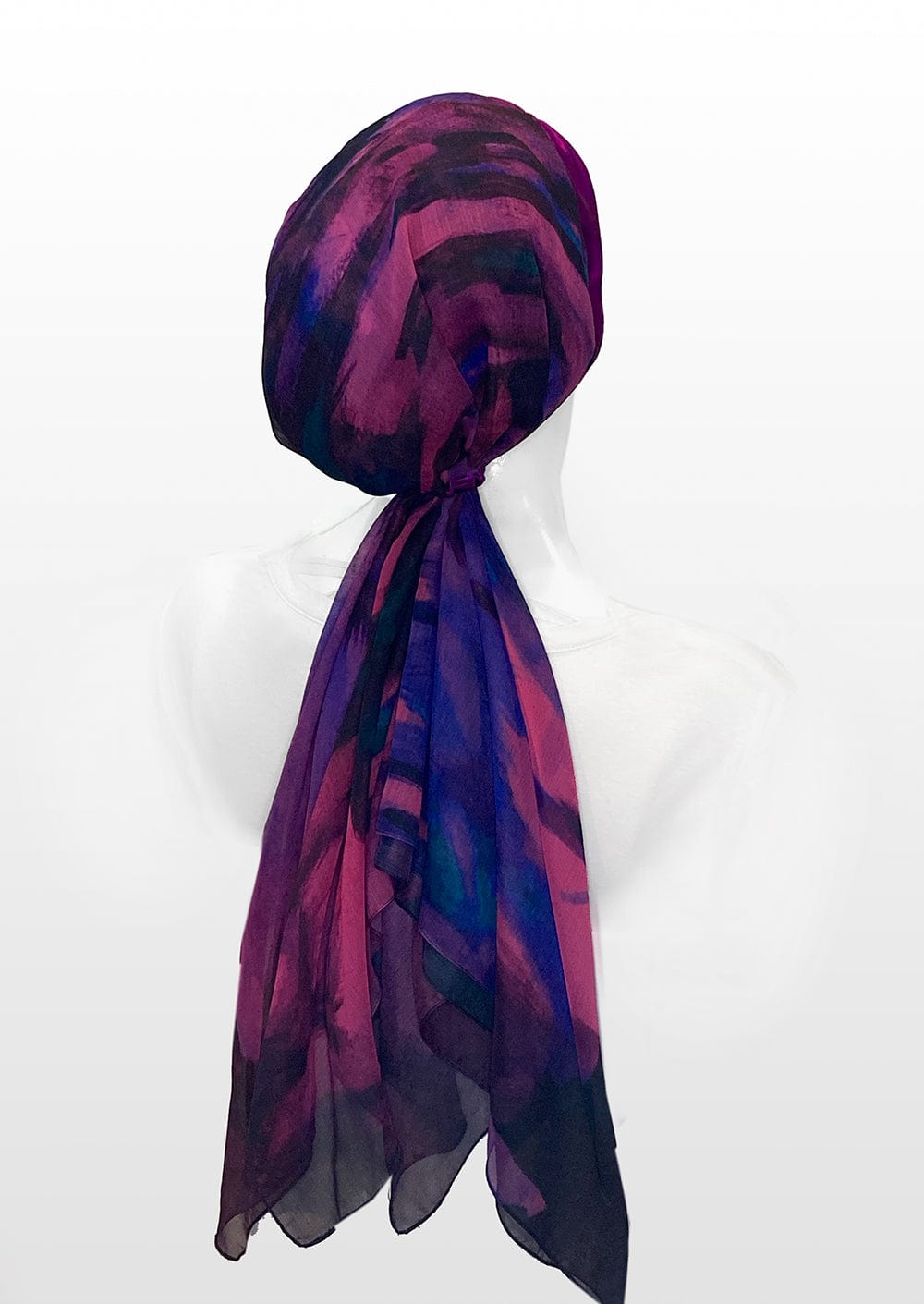 back view Fashionable  medically accessible adaptive clothing head scarf, perfect gift for those experiencing hair loss from cancer treatments. Silk and custom artwork printed on Chiffon in a berry color 
