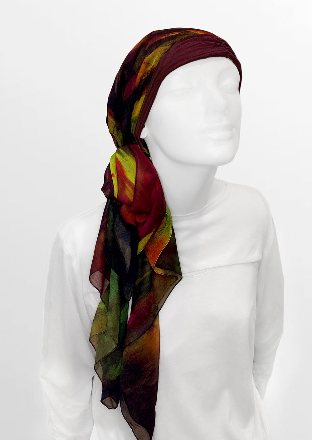 Wine colored silk and custom printed head scarf can be styles in countless ways, perfect gift for cancer patients and hair loss