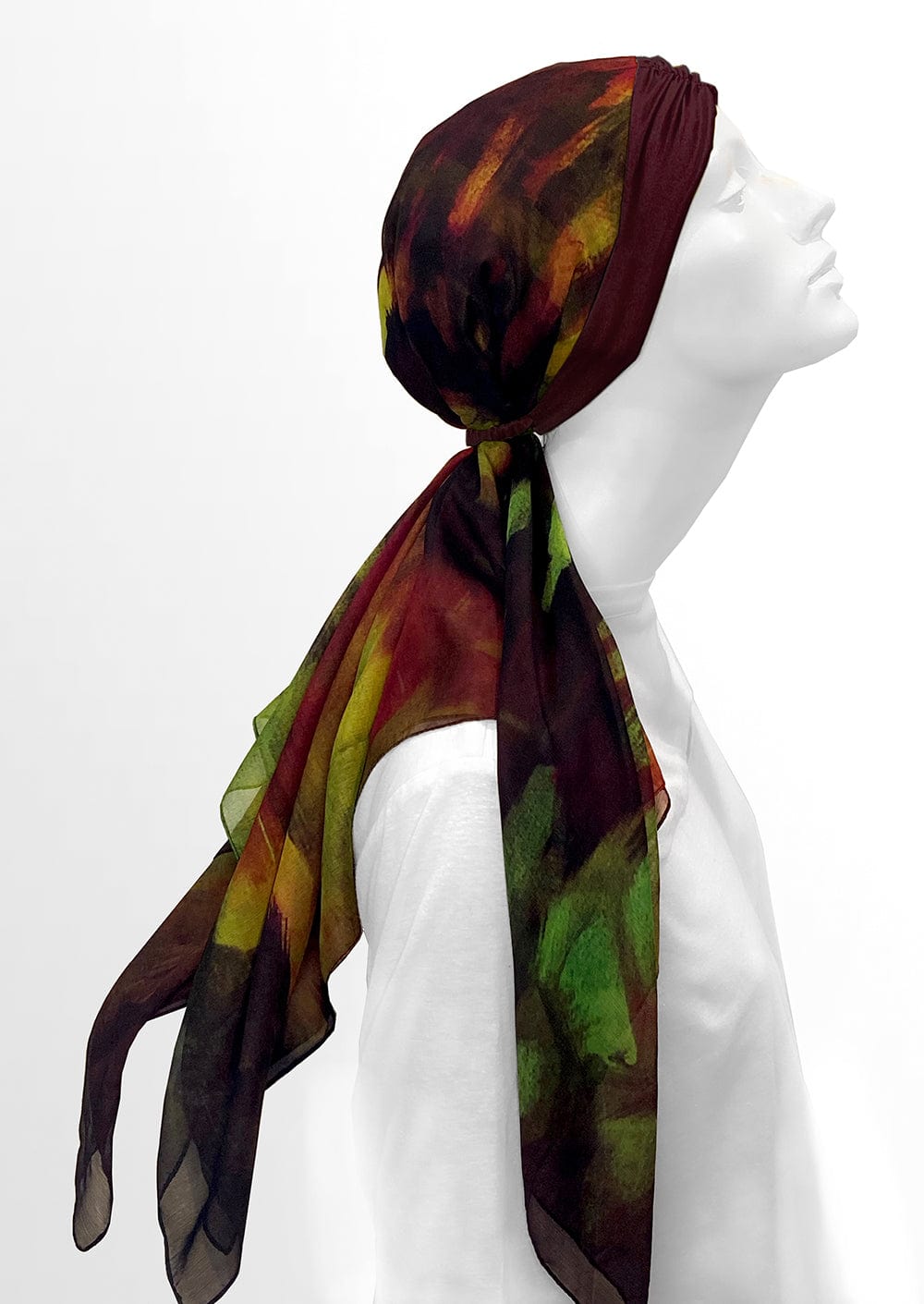 Wine colored silk and custom printed head scarf can be styles in countless ways, perfect gift for cancer patients and hair loss