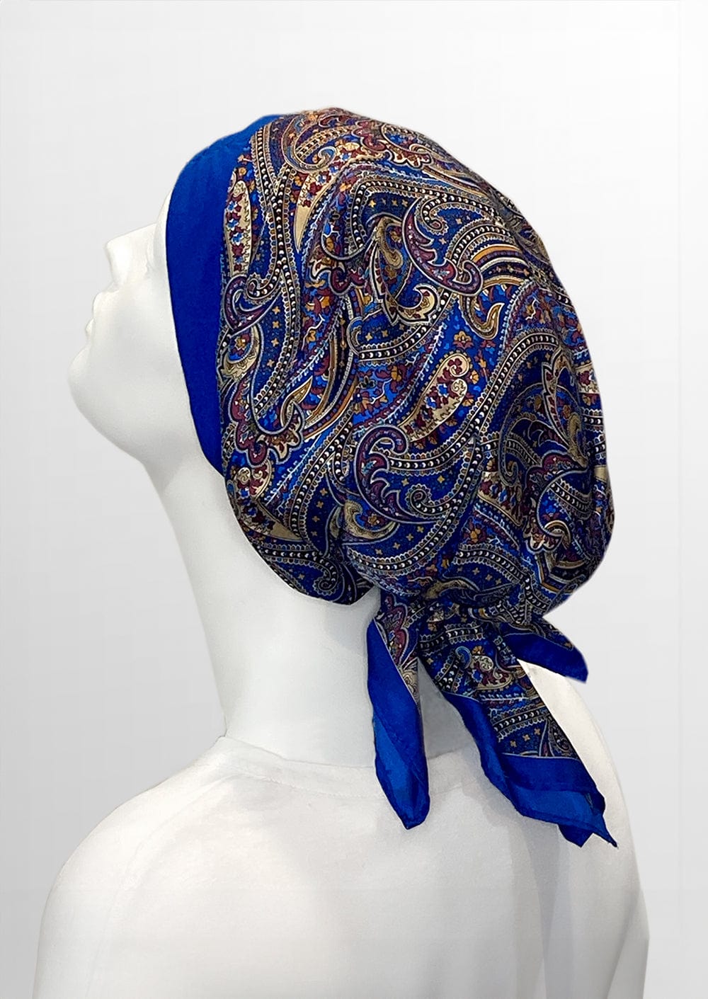 Blue paisley headscarf designed specifically for those dealing with hair loss