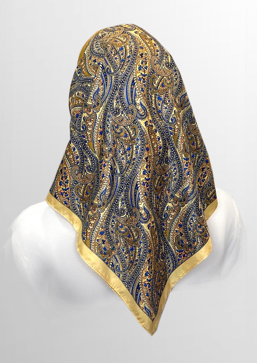 back view head covering for cancer patients 
headscarf for hair loss, golden and blue with paisley   
