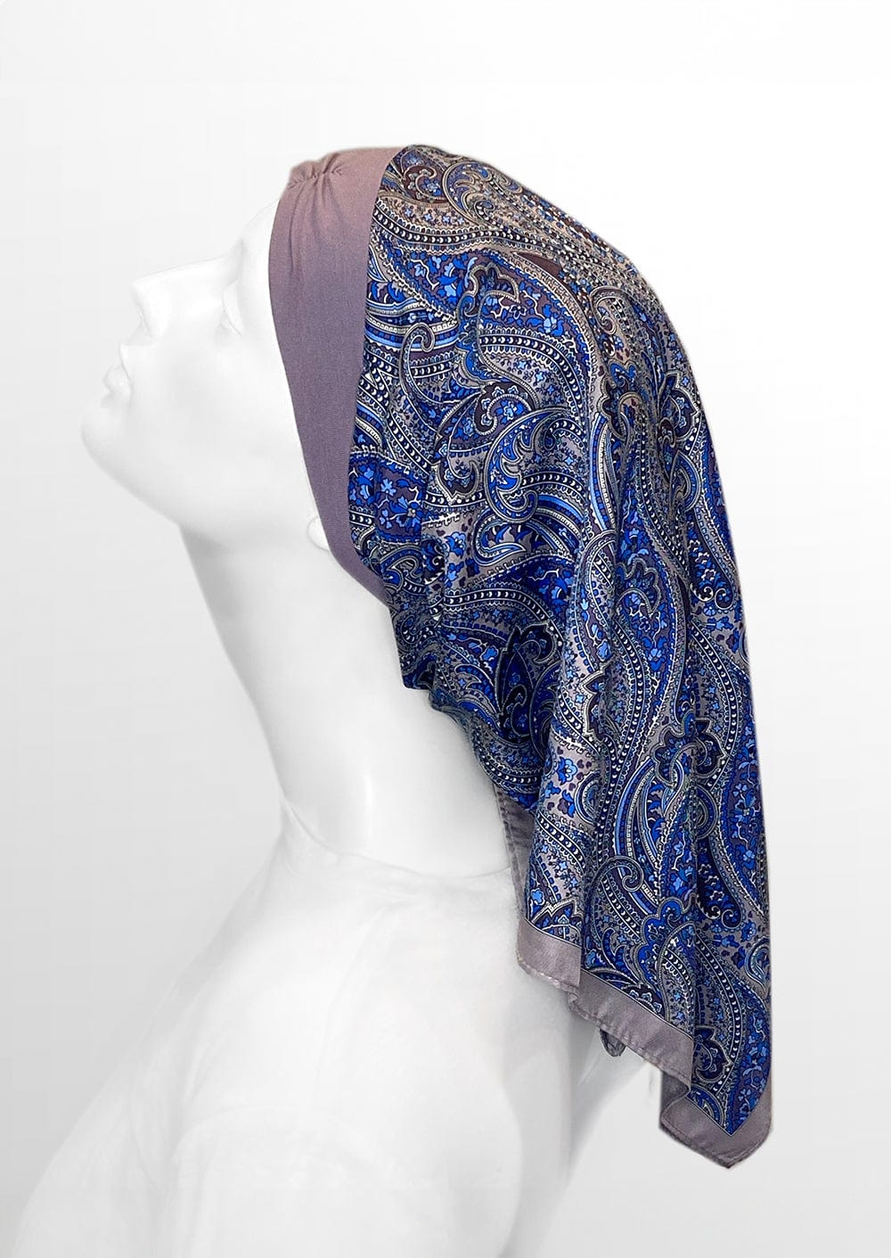 side view of 
headscarf for hair loss, heather and blue with paisley   