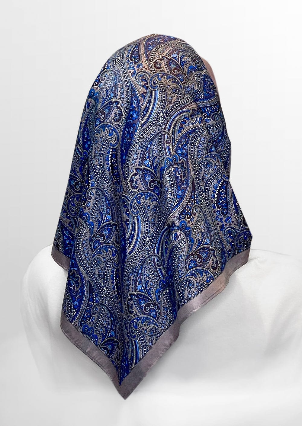 back view head covering for cancer patients 
headscarf for hair loss, heather and blue with paisley   