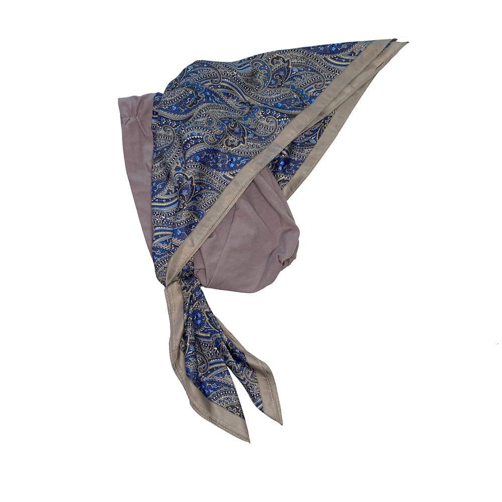 
headscarf for hair loss, heather and blue with paisley   