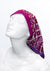 Fashionable headscarf, of pink and lavender with geometric shapes , in the retro kerchief style, designed specifically for those experiencing hair loss front