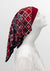 Fashionable headscarf, of red and balck with gray, with geometric shapes , in the retro kerchief style, designed specifically for those experiencing hair loss side
