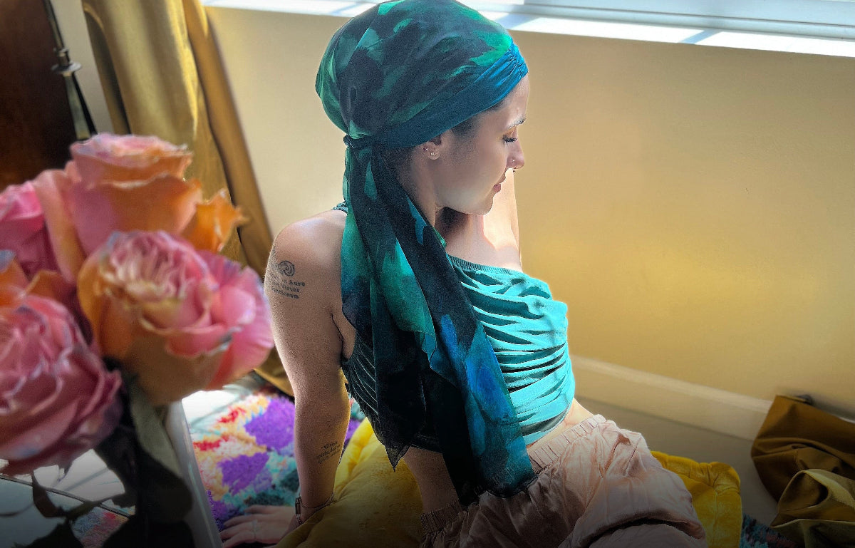 peacock colored silk with abstract art print headscarf for hair loss head covering for cancer treatment 